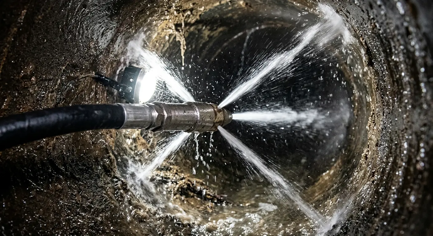 High-pressure hydro jetting nozzle cleaning sewer pipe for Sewer Line Relining in Chester