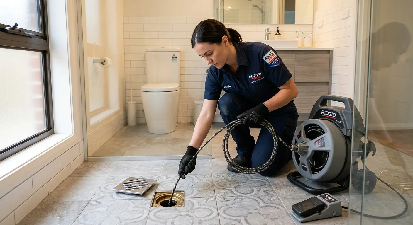 Technician clearing a bathroom floor drain for Sewer Line Installation in Chester